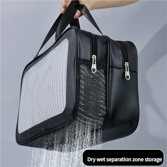 2PCS Dual-Layer Transparent PU Cosmetic Pouch - Wet and Dry Separation, Large size(31*15*20cm)- Pink - Image 2
