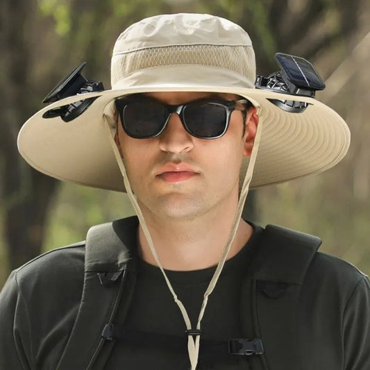 khaki Outdoor Sun Hat with Solar Fan Wide Brim 12cm - Rechargeable Cooling Cap for Fishing Hiking & Gardening - Adjustable 56-60cm