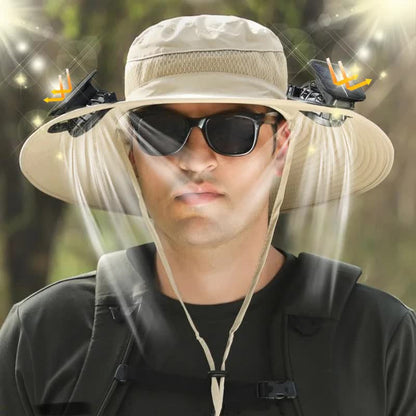 khaki Outdoor Sun Hat with Solar Fan Wide Brim 12cm - Rechargeable Cooling Cap for Fishing Hiking & Gardening - Adjustable 56-60cm - Image 4