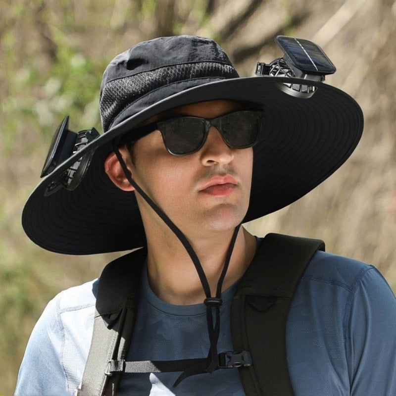 Grey Outdoor Sun Hat with Solar Fan Wide Brim 12cm - Rechargeable Cooling Cap for Fishing Hiking & Gardening - Adjustable 56-60cm - Image 3