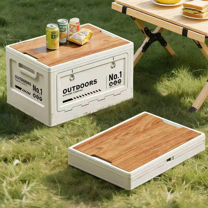 40cm White Multifunctional Foldable Storage Box with Wooden Lid - Collapsible Outdoor Camping Crate, Stackable Home Organizer with Side-Opening Doors for Car Trunk, Picnic and Pantry - Image 2