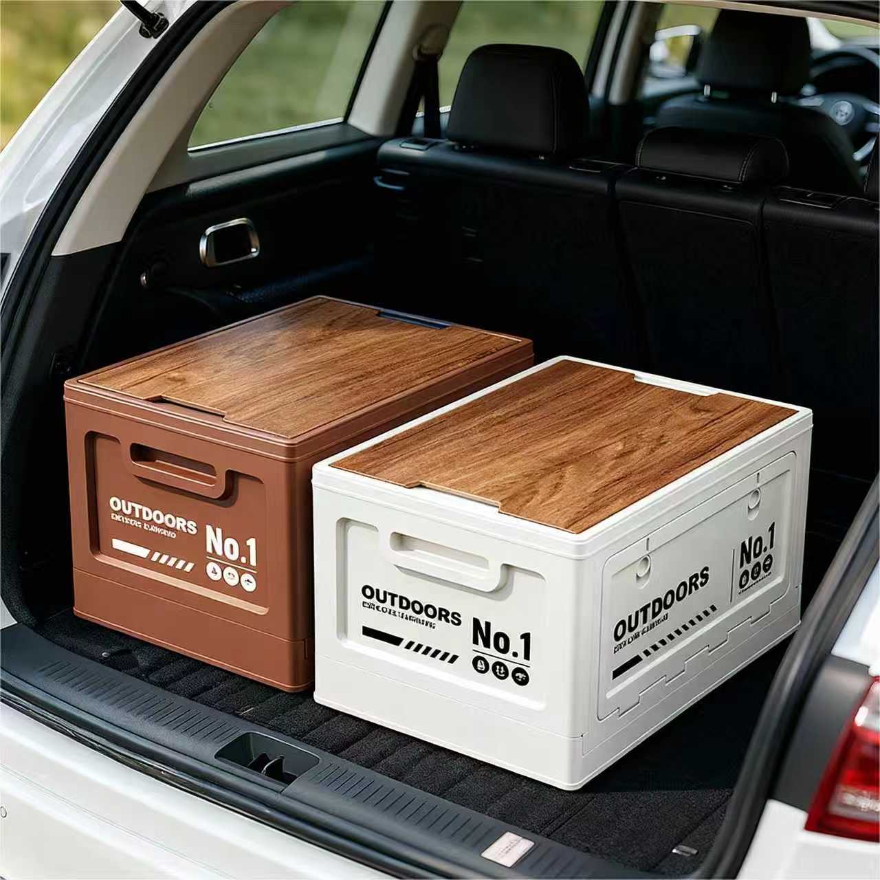 40cm White Multifunctional Foldable Storage Box with Wooden Lid - Collapsible Outdoor Camping Crate, Stackable Home Organizer with Side-Opening Doors for Car Trunk, Picnic and Pantry - Image 4