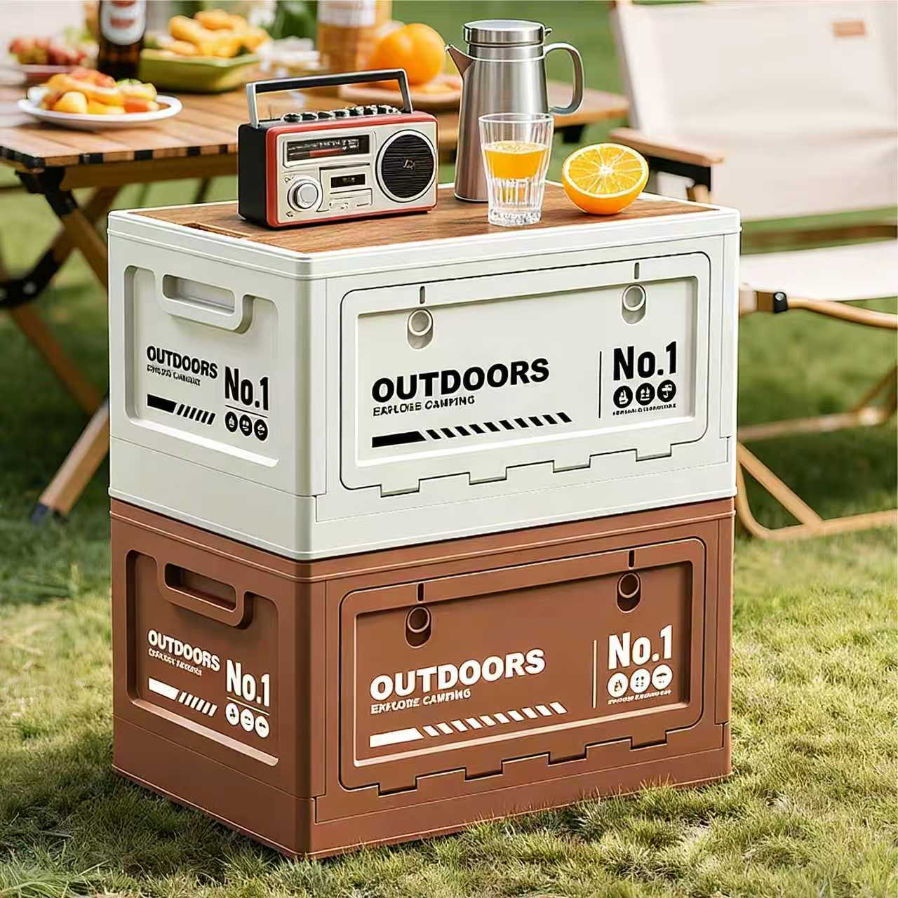 40cm Green Multifunctional Foldable Storage Box with Wooden Lid - Collapsible Outdoor Camping Crate, Stackable Home Organizer with Side-Opening Doors for Car Trunk, Picnic and Pantry - Image 3