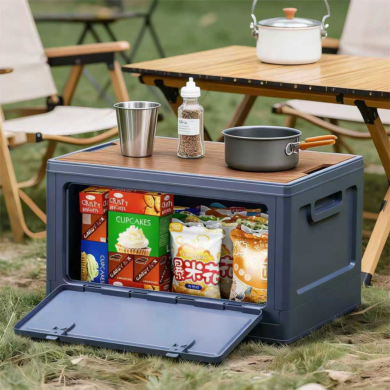 40cm Blue Multifunctional Foldable Storage Box with Wooden Lid - Collapsible Outdoor Camping Crate, Stackable Home Organizer with Side-Opening Doors for Car Trunk, Picnic and Pantry - Image 5