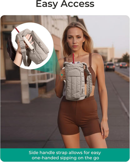 Black Quilted Water Bottle Carrier Bag with Large Phone Pocket - Insulated Tumbler Pouch with Adjustable Shoulder Strap - Crossbody Water Bottle Holder for18oz to 64ozTumblers, Gym, and Travel - Image 7