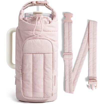 Light Pink Quilted Water Bottle Carrier Bag with Large Phone Pocket - Insulated Tumbler Pouch with Adjustable Shoulder Strap - Crossbody Water Bottle Holder for18oz to 64ozTumblers, Gym, and Travel