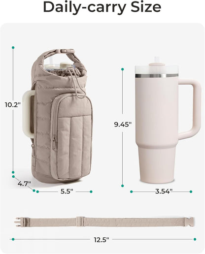 Light Pink Quilted Water Bottle Carrier Bag with Large Phone Pocket - Insulated Tumbler Pouch with Adjustable Shoulder Strap - Crossbody Water Bottle Holder for18oz to 64ozTumblers, Gym, and Travel - Image 5