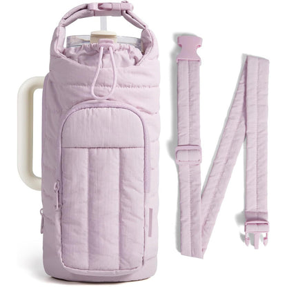 purple Quilted Water Bottle Carrier Bag with Large Phone Pocket - Insulated Tumbler Pouch with Adjustable Shoulder Strap - Crossbody Water Bottle Holder for18oz to 64ozTumblers, Gym, and Travel