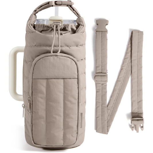 Camel Quilted Water Bottle Carrier Bag with Large Phone Pocket - Insulated Tumbler Pouch with Adjustable Shoulder Strap - Crossbody Water Bottle Holder for18oz to 64ozTumblers, Gym, and Travel