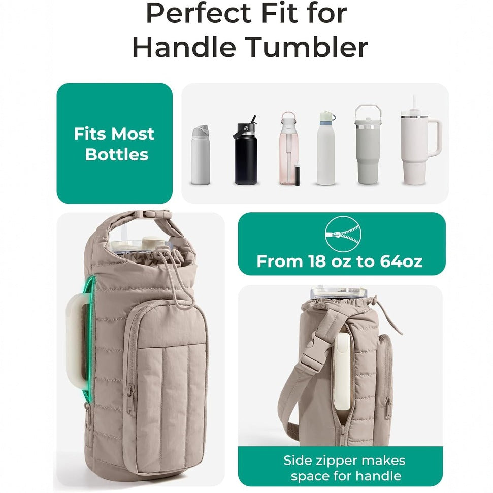 Camel Quilted Water Bottle Carrier Bag with Large Phone Pocket - Insulated Tumbler Pouch with Adjustable Shoulder Strap - Crossbody Water Bottle Holder for18oz to 64ozTumblers, Gym, and Travel - Image 2
