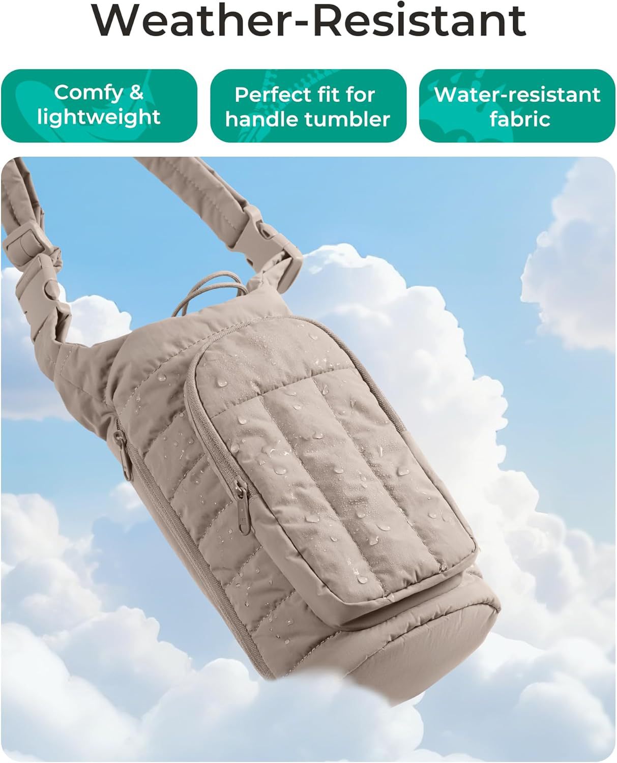 Camel Quilted Water Bottle Carrier Bag with Large Phone Pocket - Insulated Tumbler Pouch with Adjustable Shoulder Strap - Crossbody Water Bottle Holder for18oz to 64ozTumblers, Gym, and Travel - Image 6