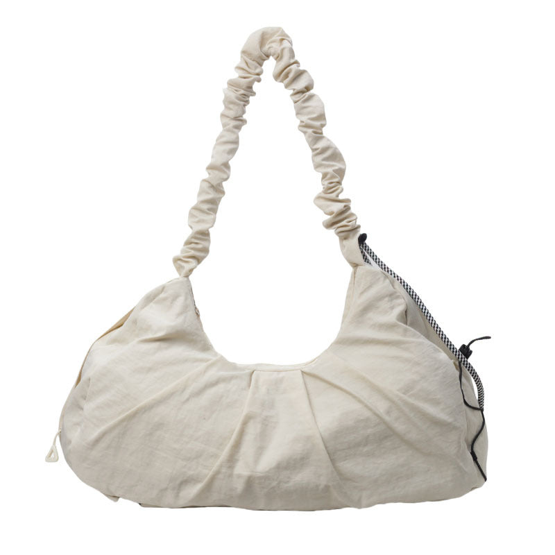 Beige Large Capacity Ruched Travel Duffel Bag - Stylish Yoga Mat Storage Shoulder Bag - Lightweight Gym Fitness Tote with Drawstring Detail for Weekend Getaways and Sports