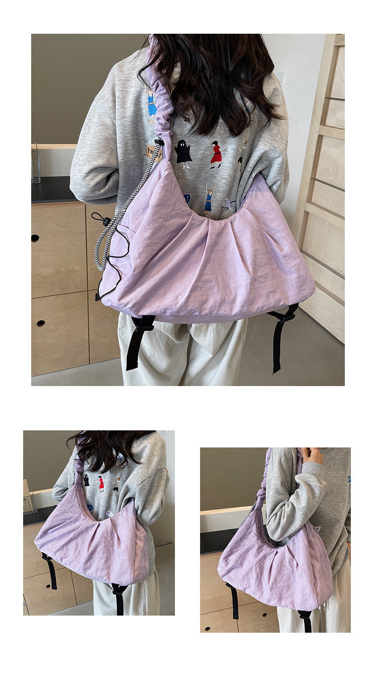 Purple Large Capacity Ruched Travel Duffel Bag - Stylish Yoga Mat Storage Shoulder Bag - Lightweight Gym Fitness Tote with Drawstring Detail for Weekend Getaways and Sports - Image 2