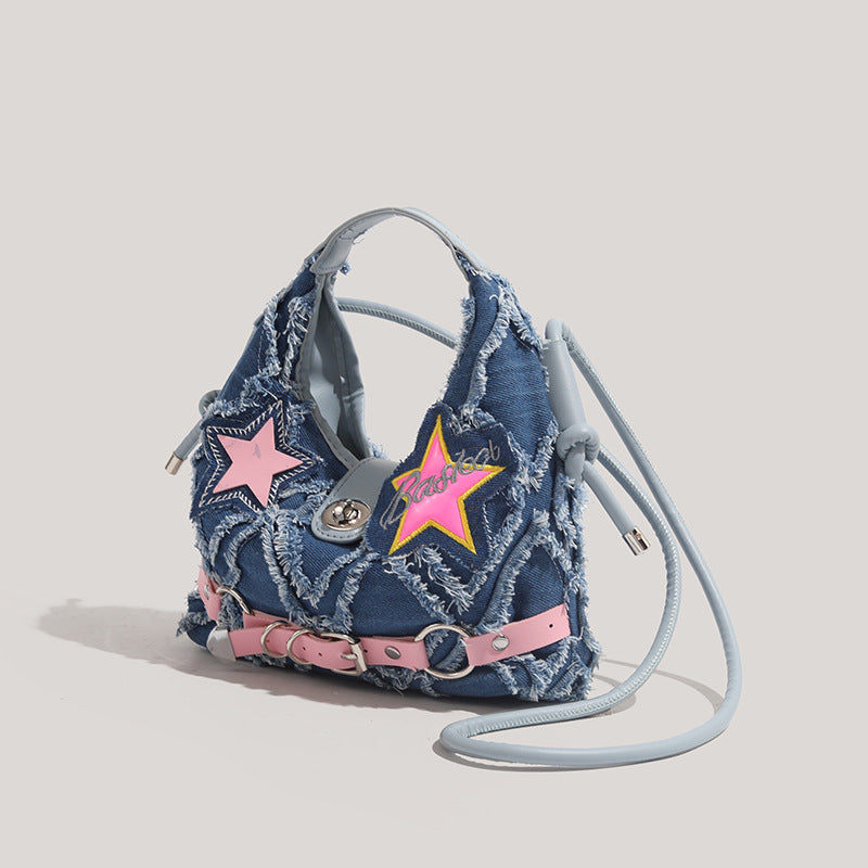 Trendy Denim Crescent Bag - Distressed Star Punk Style Crossbody Handbag - Chic Small Hobo Bag for Women - Spicy Girl Streetwear Aesthetic - Image 2