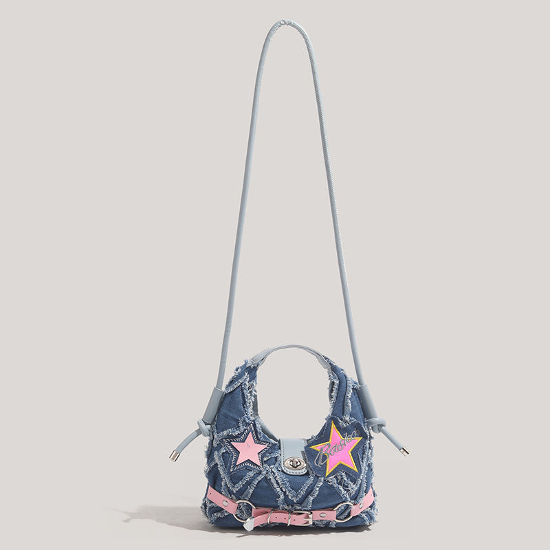 Trendy Denim Crescent Bag - Distressed Star Punk Style Crossbody Handbag - Chic Small Hobo Bag for Women - Spicy Girl Streetwear Aesthetic - Image 3