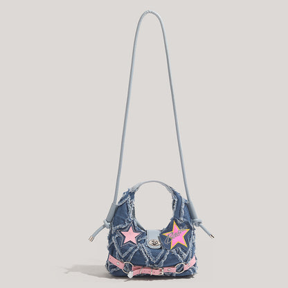 Trendy Denim Crescent Bag - Distressed Star Punk Style Crossbody Handbag - Chic Small Hobo Bag for Women - Spicy Girl Streetwear Aesthetic - Image 3