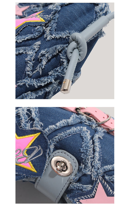 Trendy Denim Crescent Bag - Distressed Star Punk Style Crossbody Handbag - Chic Small Hobo Bag for Women - Spicy Girl Streetwear Aesthetic - Image 4
