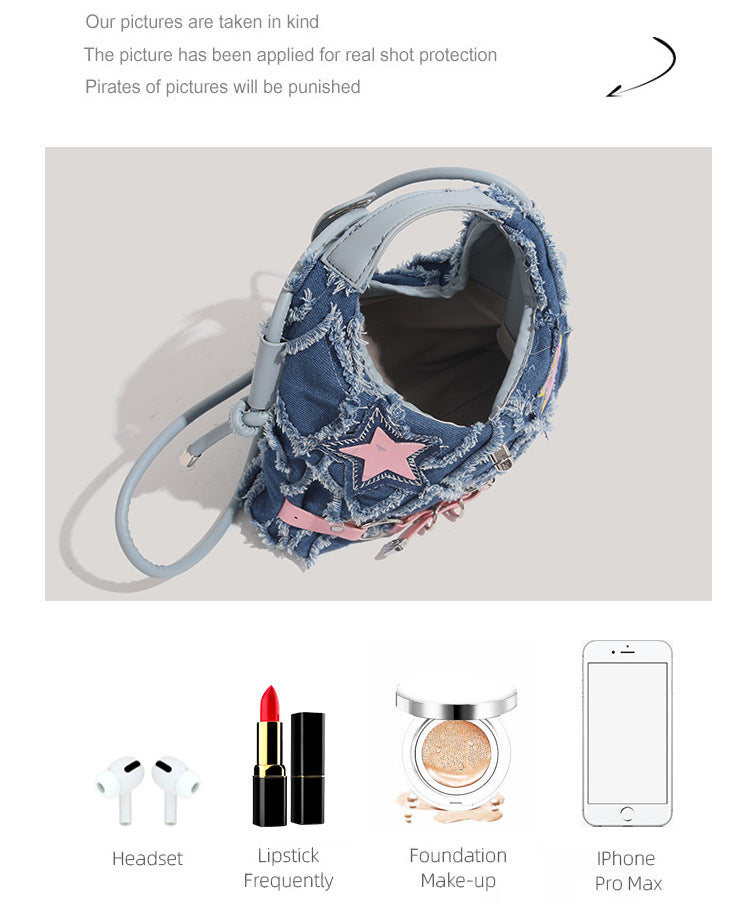 Trendy Denim Crescent Bag - Distressed Star Punk Style Crossbody Handbag - Chic Small Hobo Bag for Women - Spicy Girl Streetwear Aesthetic - Image 5