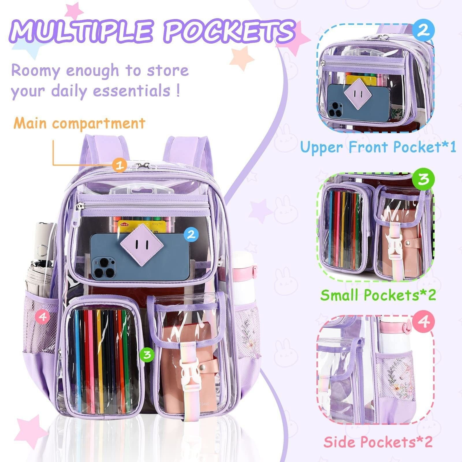 Heavy Duty Clear Transparent Backpack with Purple - Large Capacity PVC Bookbag for School, Stadium, and Gym - Fits 16-Inch Laptop, Binders and A4 Books - Image 2