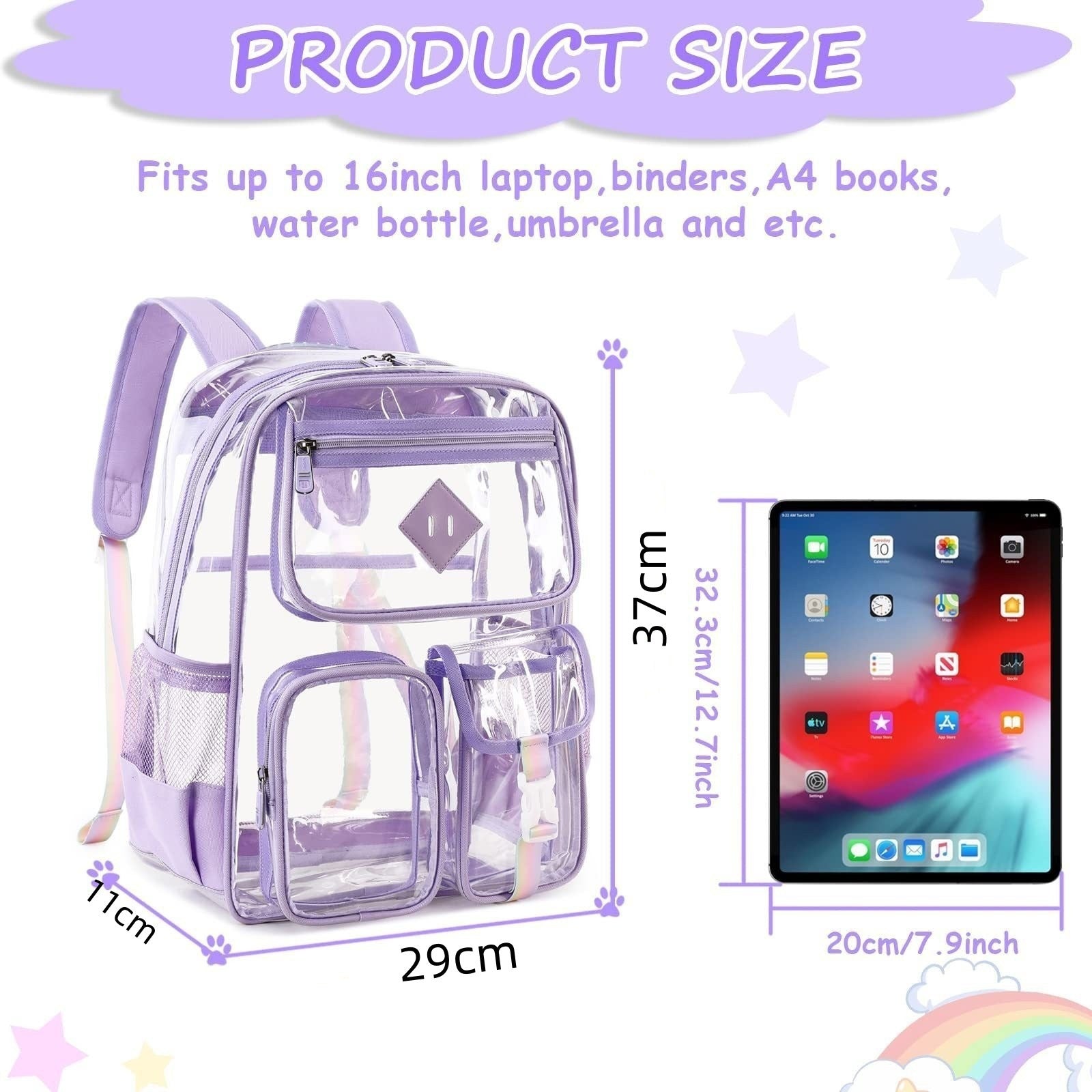 Heavy Duty Clear Transparent Backpack with Purple - Large Capacity PVC Bookbag for School, Stadium, and Gym - Fits 16-Inch Laptop, Binders and A4 Books - Image 5
