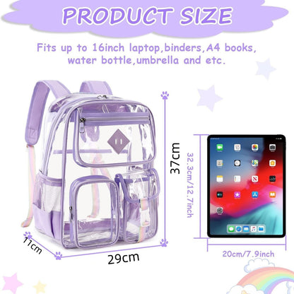 Heavy Duty Clear Transparent Backpack with Purple - Large Capacity PVC Bookbag for School, Stadium, and Gym - Fits 16-Inch Laptop, Binders and A4 Books - Image 5