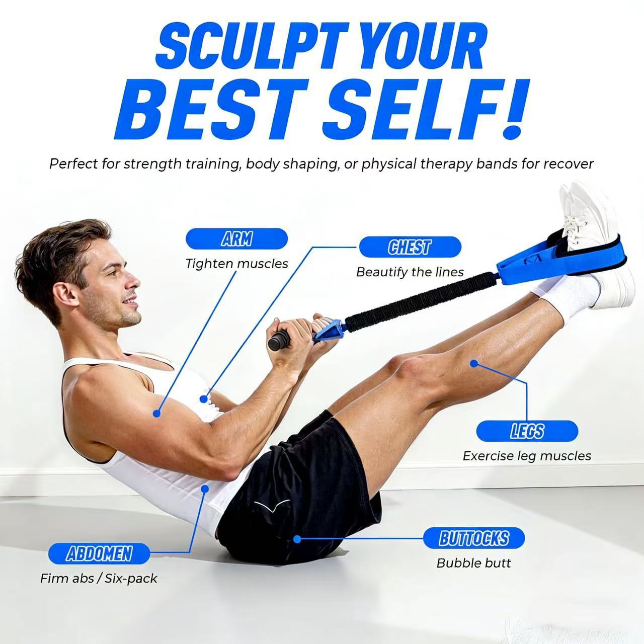 Blue Multifunctional Pedal Resistance Band - Home Fitness Sit-up Assistant with Foot Pedals and Elastic Pull Rope - Full Body Workout Equipment for Abs, Arms, Legs and Glutes - Image 2