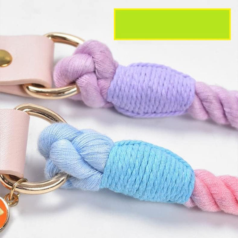 pink+purple Hand-Woven Rainbow Cotton Rope Dog Leash and Collar Set - Adjustable Veg-Tanned Leather Trim with Heavy Duty Metal Hardware - 150cm Training Lead and S Size Collar  - Image 6
