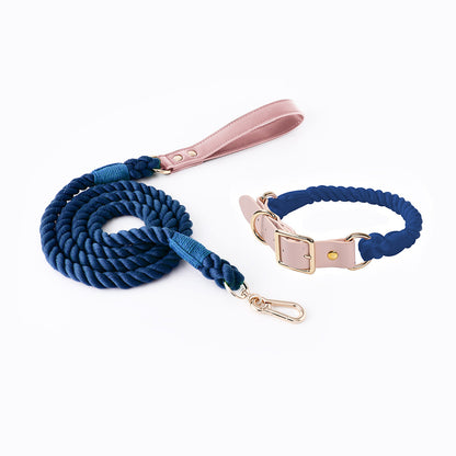 Navy Blue Hand-Woven Rainbow Cotton Rope Dog Leash and Collar Set - Adjustable Veg-Tanned Leather Trim with Heavy Duty Metal Hardware - 150cm Training Lead and S Size Collar