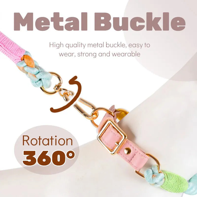 Dark Green Hand-Woven Rainbow Cotton Rope Dog Leash and Collar Set - Adjustable Veg-Tanned Leather Trim with Heavy Duty Metal Hardware - 150cm Training Lead and S Size Collar  - Image 4