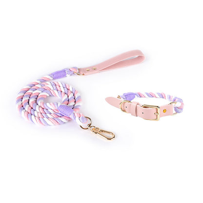 pink+purple Hand-Woven Rainbow Cotton Rope Dog Leash and Collar Set - Adjustable Veg-Tanned Leather Trim with Heavy Duty Metal Hardware - 150cm Training Lead and M Size Collar