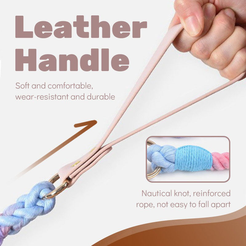 pink+purple Hand-Woven Rainbow Cotton Rope Dog Leash and Collar Set - Adjustable Veg-Tanned Leather Trim with Heavy Duty Metal Hardware - 150cm Training Lead and M Size Collar  - Image 3