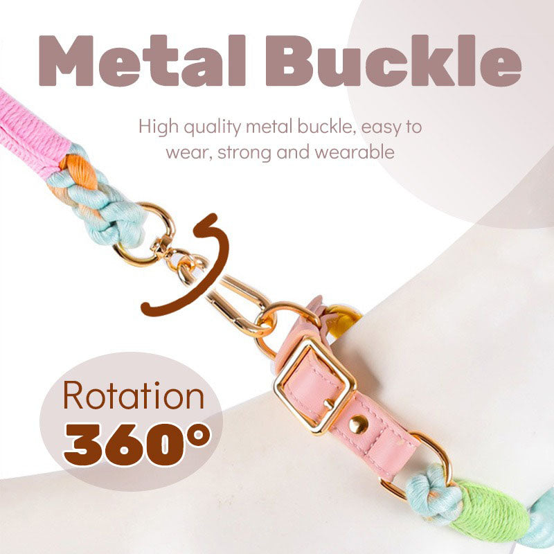 Sky Blue Hand-Woven Rainbow Cotton Rope Dog Leash and Collar Set - Adjustable Veg-Tanned Leather Trim with Heavy Duty Metal Hardware - 150cm Training Lead and M Size Collar  - Image 4