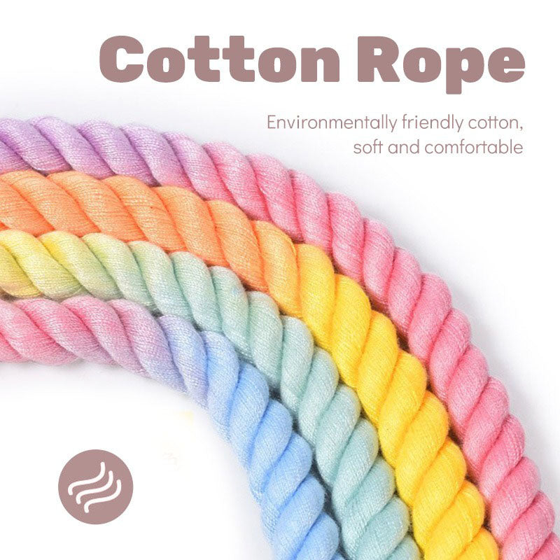 Grey Hand-Woven Rainbow Cotton Rope Dog Leash and Collar Set - Adjustable Veg-Tanned Leather Trim with Heavy Duty Metal Hardware - 150cm Training Lead and M Size Collar  - Image 5