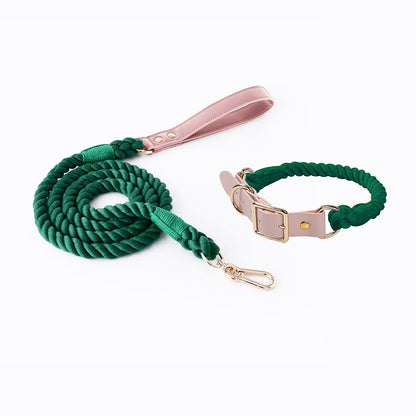 Dark Green Hand-Woven Rainbow Cotton Rope Dog Leash and Collar Set - Adjustable Veg-Tanned Leather Trim with Heavy Duty Metal Hardware - 150cm Training Lead and M Size Collar