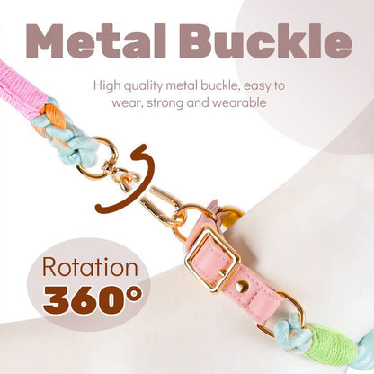 Mint green Hand-Woven Rainbow Cotton Rope Dog Leash and Collar Set - Adjustable Veg-Tanned Leather Trim with Heavy Duty Metal Hardware - 150cm Training Lead and M Size Collar  - Image 4