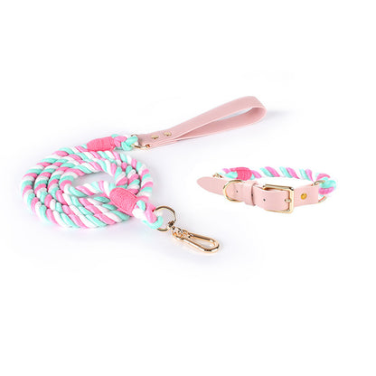 Pink Hand-Woven Rainbow Cotton Rope Dog Leash and Collar Set - Adjustable Veg-Tanned Leather Trim with Heavy Duty Metal Hardware - 150cm Training Lead and M Size Collar