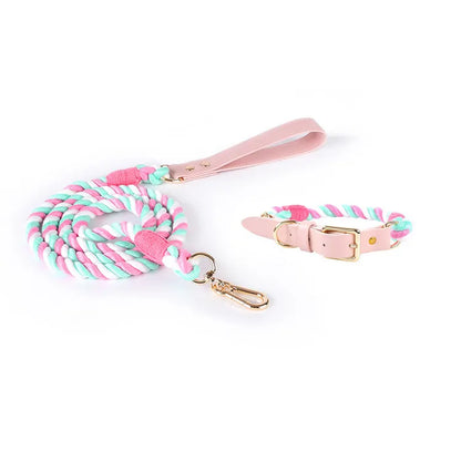 Pink Hand-Woven Rainbow Cotton Rope Dog Leash and Collar Set - Adjustable Veg-Tanned Leather Trim with Heavy Duty Metal Hardware - 150cm Training Lead and M Size Collar
