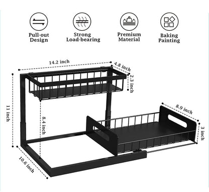 2-Tier Under Sink Organizer and Storage - Heavy Duty Metal Pull-Out Cabinet Organizer, L-Shaped Sliding Drawer Rack for Kitchen, Bathroom, and Pantry - Black - Image 3