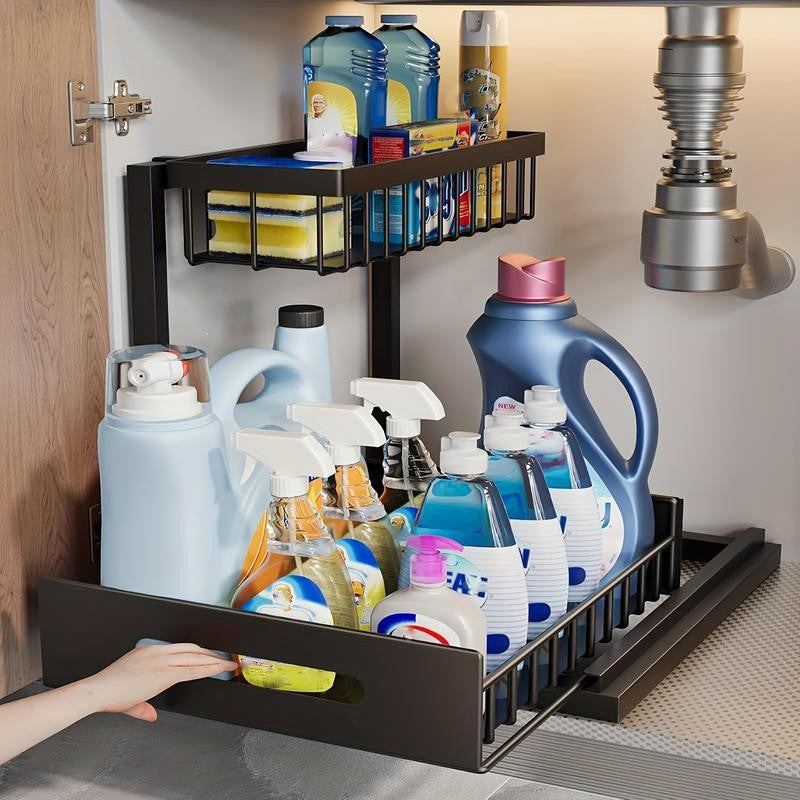 2-Tier Under Sink Organizer and Storage - Heavy Duty Metal Pull-Out Cabinet Organizer, L-Shaped Sliding Drawer Rack for Kitchen, Bathroom, and Pantry - Black - Image 5