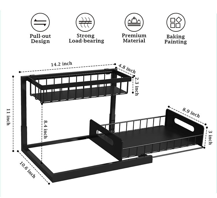 2-Tier Under Sink Organizer and Storage - Heavy Duty Metal Pull-Out Cabinet Organizer, L-Shaped Sliding Drawer Rack for Kitchen, Bathroom, and Pantry - White - Image 3
