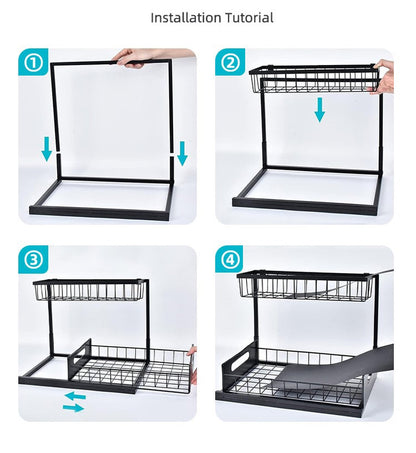 2-Tier Under Sink Organizer and Storage - Heavy Duty Metal Pull-Out Cabinet Organizer, L-Shaped Sliding Drawer Rack for Kitchen, Bathroom, and Pantry - White - Image 6