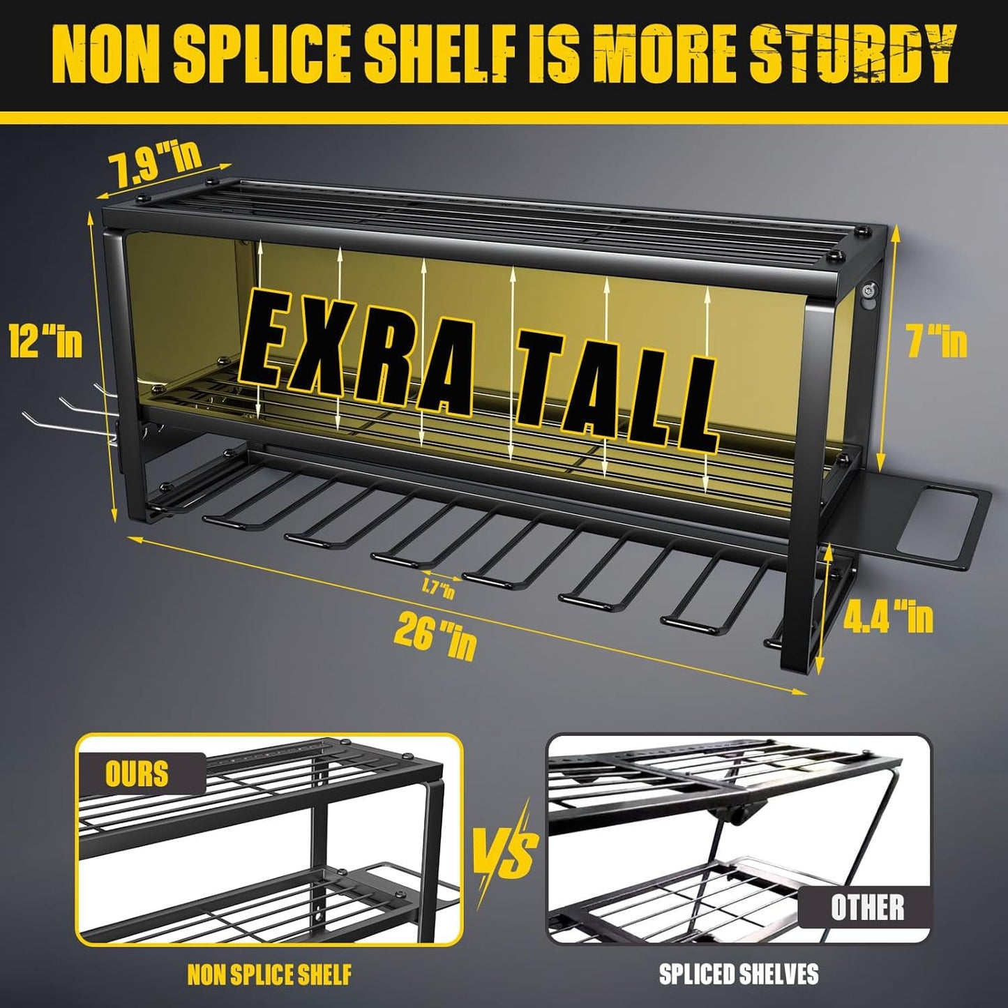 Heavy Duty Power Tool Organizer Wall Mount - 3-Tier Garage Storage Rack with Drill Holder, Screwdriver and Hammer Organizer - Extra Tall 200lbs Capacity High-Quality Steel Utility Shelf - Image 3
