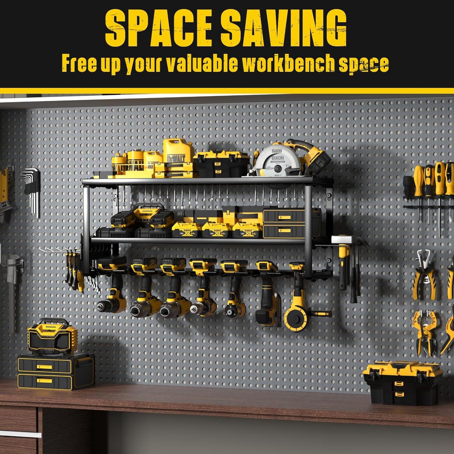 Heavy Duty Power Tool Organizer Wall Mount - 3-Tier Garage Storage Rack with Drill Holder, Screwdriver and Hammer Organizer - Extra Tall 200lbs Capacity High-Quality Steel Utility Shelf - Image 5