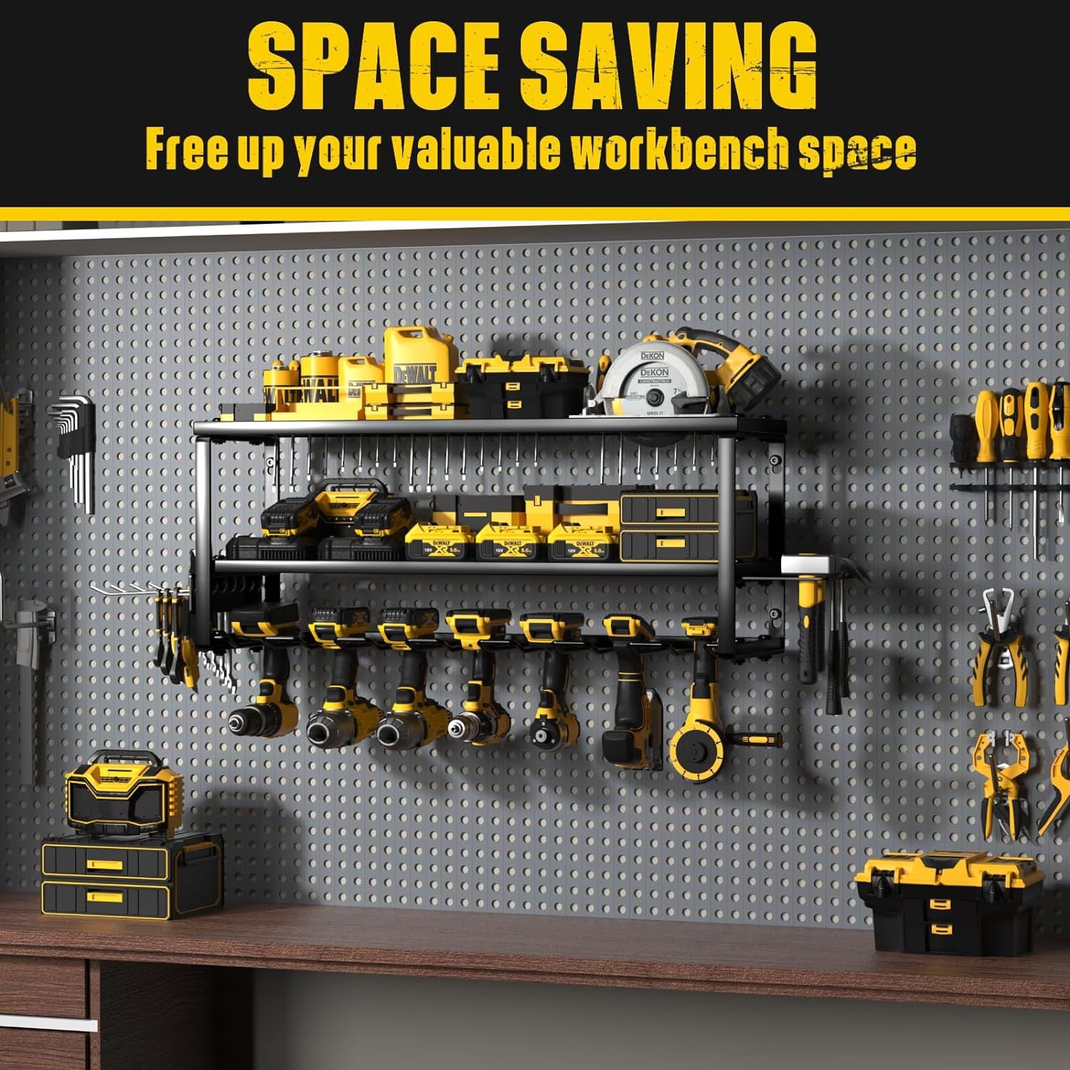 Heavy Duty Power Tool Organizer Wall Mount - 3-Tier Garage Storage Rack with Drill Holder, Screwdriver and Hammer Organizer - Extra Tall 200lbs Capacity High-Quality Steel Utility Shelf - Image 5