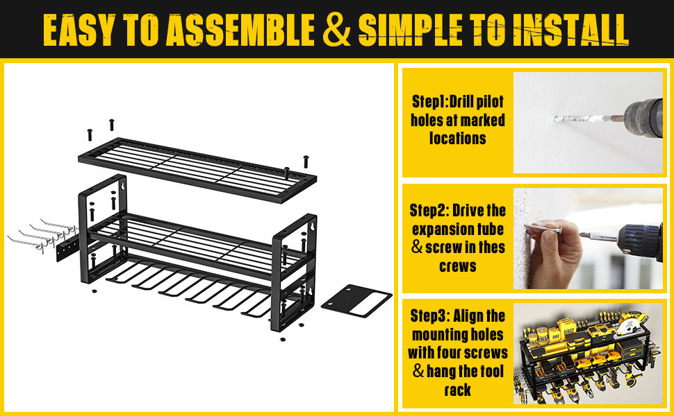 Heavy Duty Power Tool Organizer Wall Mount - 3-Tier Garage Storage Rack with Drill Holder, Screwdriver and Hammer Organizer - Extra Tall 200lbs Capacity High-Quality Steel Utility Shelf - Image 8