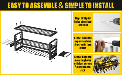 Heavy Duty Power Tool Organizer Wall Mount - 3-Tier Garage Storage Rack with Drill Holder, Screwdriver and Hammer Organizer - Extra Tall 200lbs Capacity High-Quality Steel Utility Shelf - Image 8