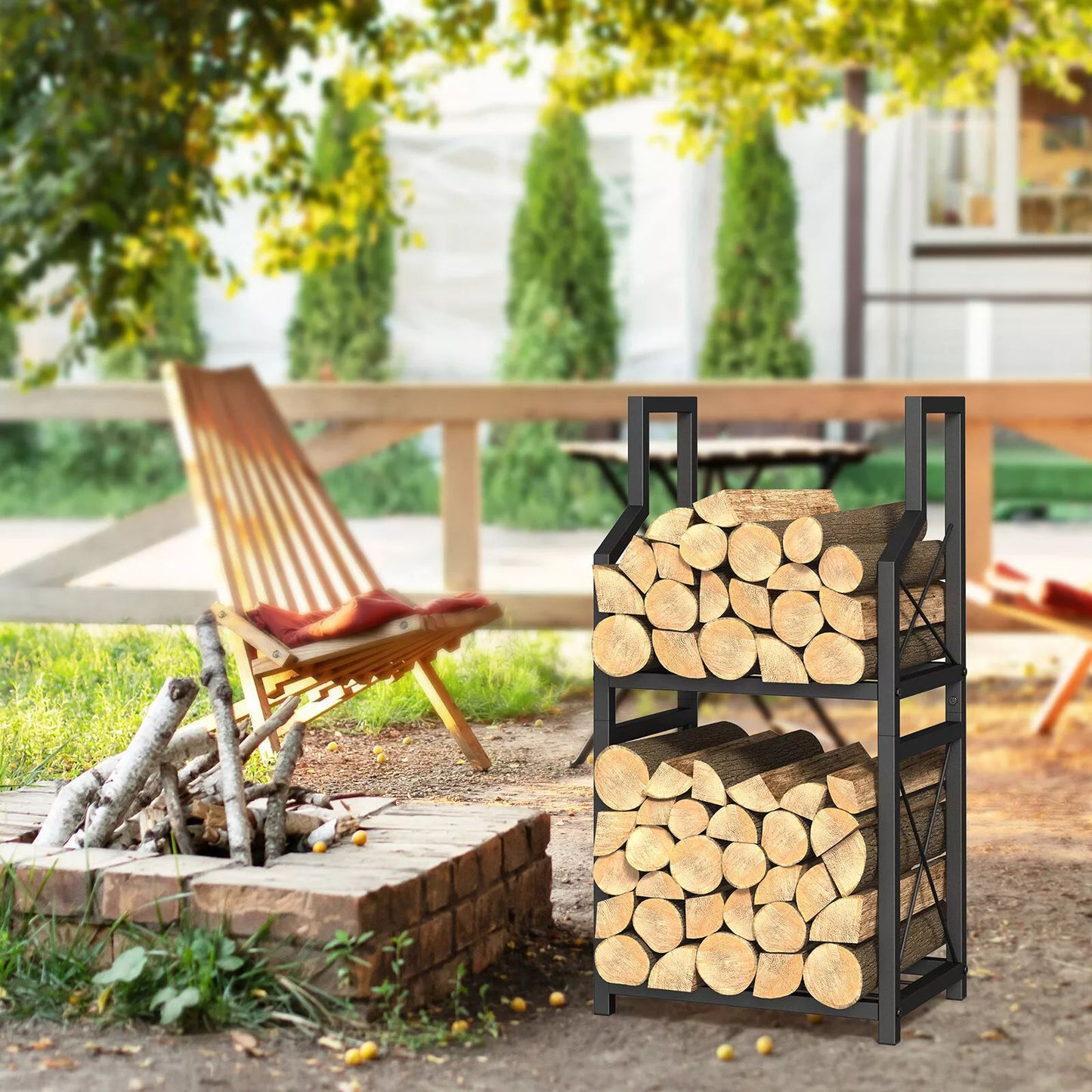 Heavy Duty 2-Tier Firewood Rack - Vertical Log Holder for Indoor Fireplace and Outdoor Fire Pit - Modern Metal Wood Storage Organizer for Camping, Patio, and Living Room - Image 4
