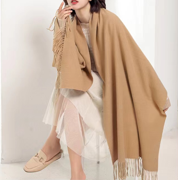 Sky Blue 2 PCS Skin Red Solid Color Scarf Shawl with Tassels - Warm Korean Style Wrap (180cm x 70cm) - Image 2