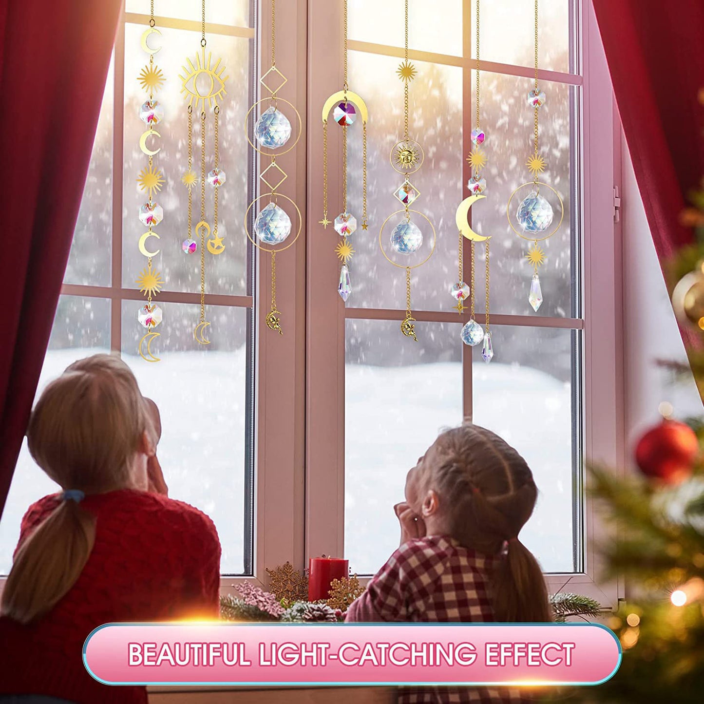 (Style 1) 4 pcs Crystal Wind Chimes-Sun Catcher Star Moon Dream Catcher for Window 30cm - Image 2