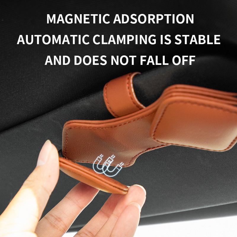 2 Pcs Black Car Sun Visor Glasses Holder Clip with Dual Magnetic Clamps - PU Leather, Anti-Slip, and Multi-Functional Storage - Image 5
